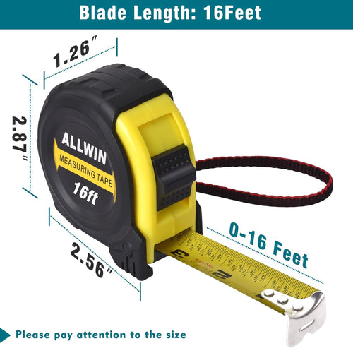 16ft Tape Measure with Fractions, 3/4" Wide Metal Blade, Compact & Easy Read Retractable Measuring Tape for Contractors, Carpenters, DIY - Rubberized Case & Belt Clip