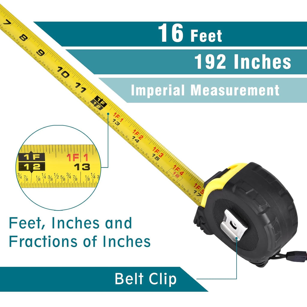 16ft Tape Measure with Fractions, 3/4" Wide Metal Blade, Compact & Easy Read Retractable Measuring Tape for Contractors, Carpenters, DIY - Rubberized Case & Belt Clip
