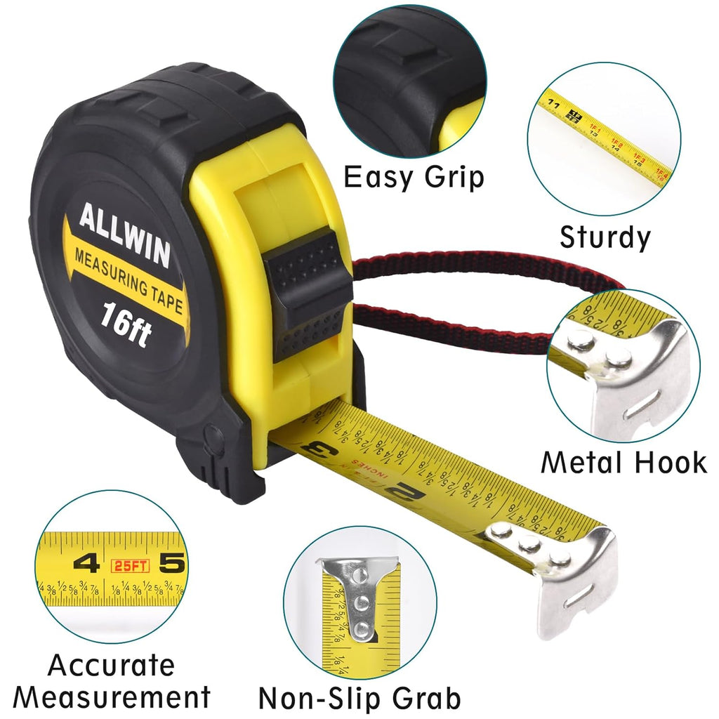 16ft Tape Measure with Fractions, 3/4" Wide Metal Blade, Compact & Easy Read Retractable Measuring Tape for Contractors, Carpenters, DIY - Rubberized Case & Belt Clip
