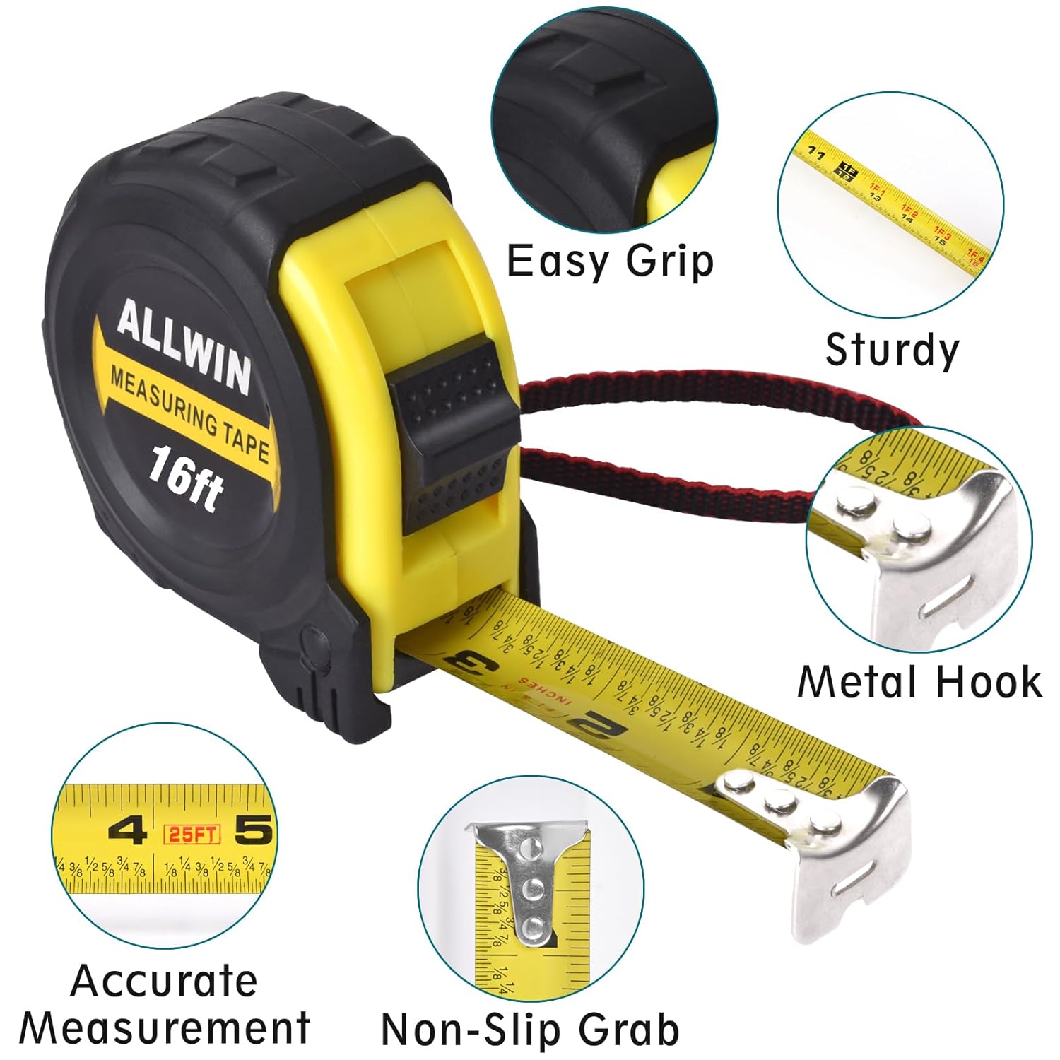 16ft Tape Measure with Fractions, 3/4" Wide Metal Blade, Compact & Easy Read Retractable Measuring Tape for Contractors, Carpenters, DIY - Rubberized Case & Belt Clip
