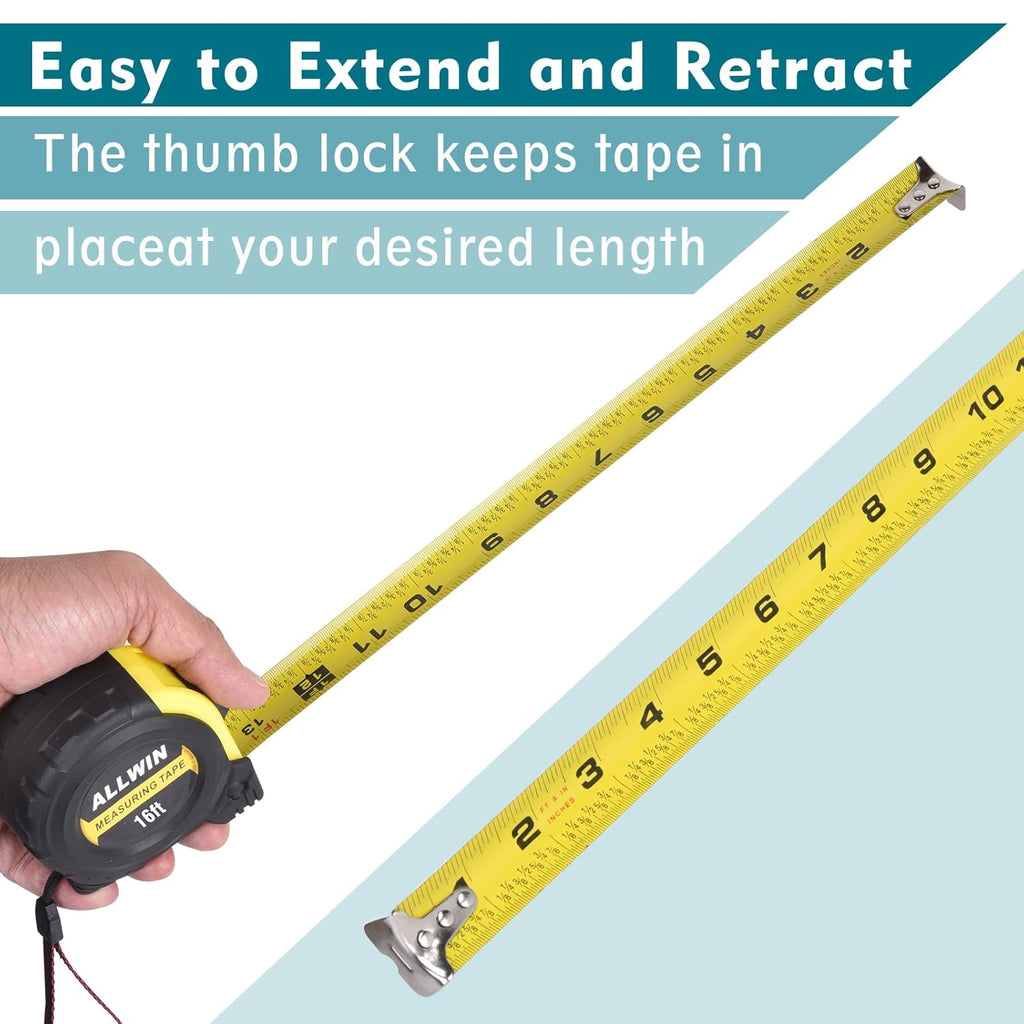 16ft Tape Measure with Fractions, 3/4" Wide Metal Blade, Compact & Easy Read Retractable Measuring Tape for Contractors, Carpenters, DIY - Rubberized Case & Belt Clip