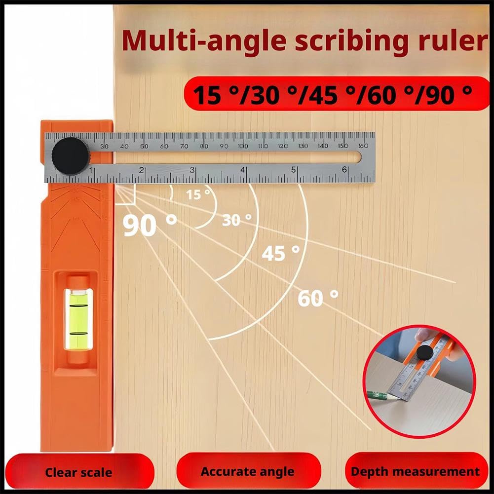 Adjustable Positioning Marking Protractor Tool,Adjustable Knob Multi-Angle Foldable Depth Measuring Ruler,Spirit Level Gauge Ruler Angle Finder, Precise Leveling & Marking Tool for Woodworking (C)