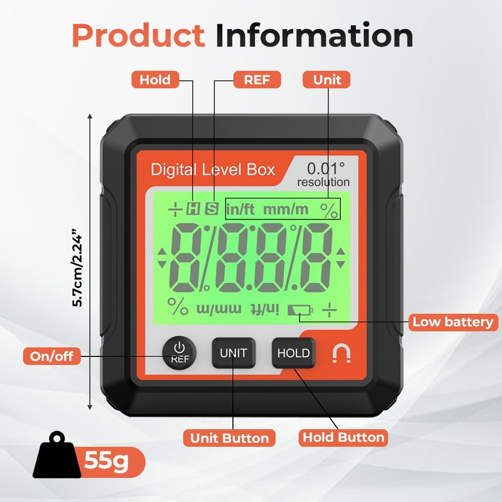 0-90° Digital Angle Finder Level Magnetic Electronic Gauge Inclinometer Protractor Tool, Magnetic Digital Angle Finder Level Box for Woodworking Tablesaw Construction Protractors (Black white)