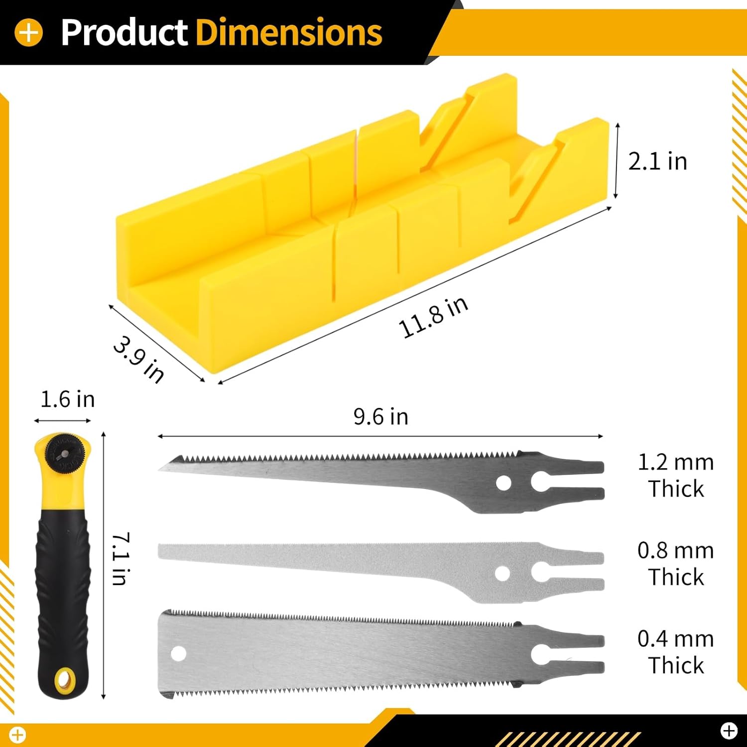 4 PCS Mitre Box and Saw Set, 3 Interchangeable Hand Saws with Fine Serrated Teeth, Yellow Miter Box with Multi-Angle Cutting Slots, Precision Cutting for DIY and Professional Projects