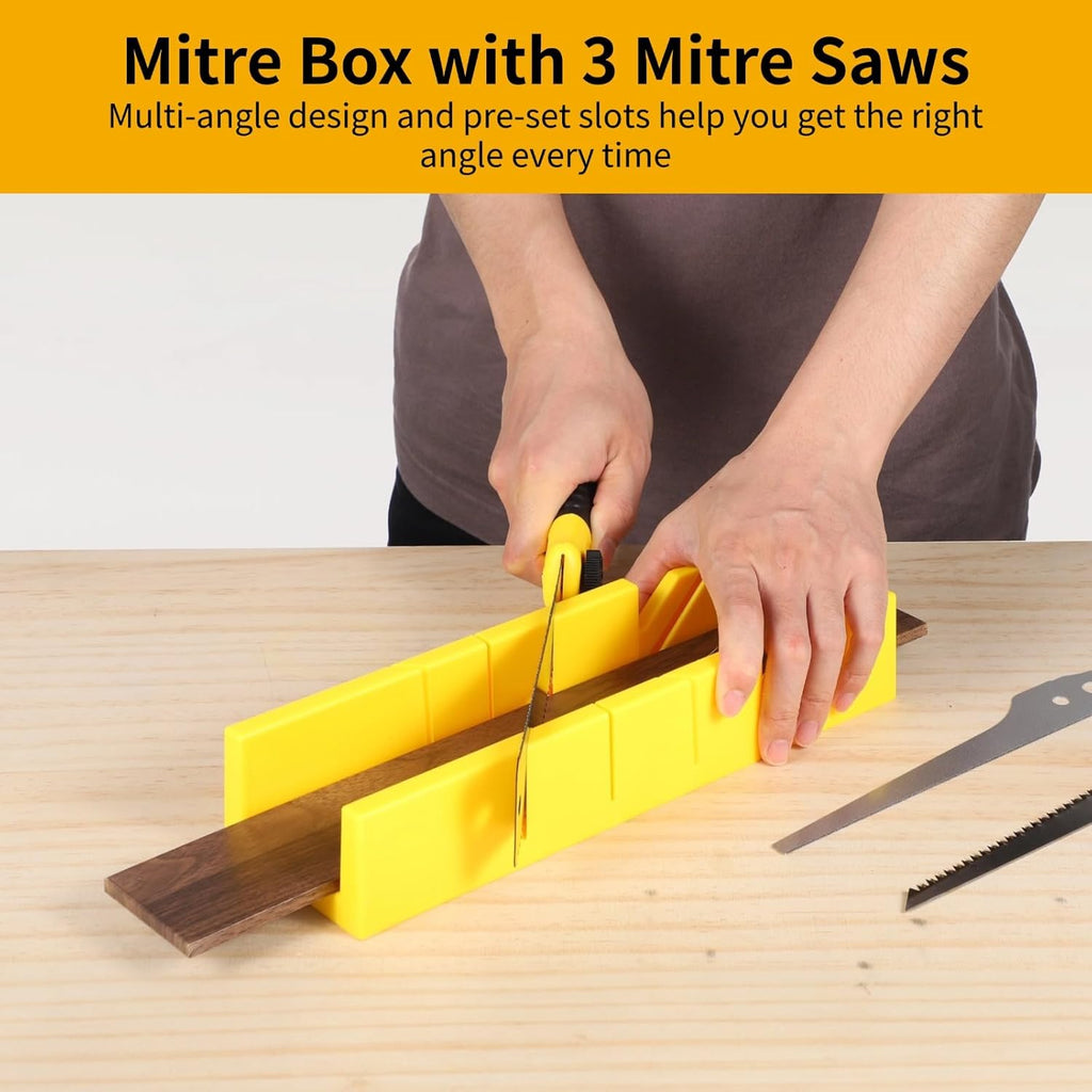 4 PCS Mitre Box and Saw Set, 3 Interchangeable Hand Saws with Fine Serrated Teeth, Yellow Miter Box with Multi-Angle Cutting Slots, Precision Cutting for DIY and Professional Projects