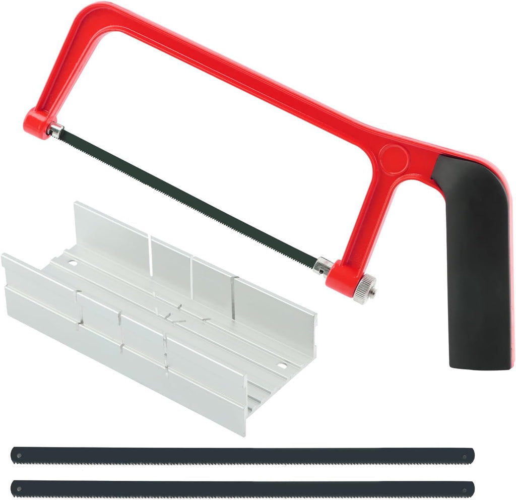 6 Inch Mini Hacksaw and Mitre Block Set, Adjustable Miter Box and Saw Set with 2 Spare Blades, Aluminum Cutting Saw Hack Saws for Woodworking, Hacksaw, Metal Cutting (Red)