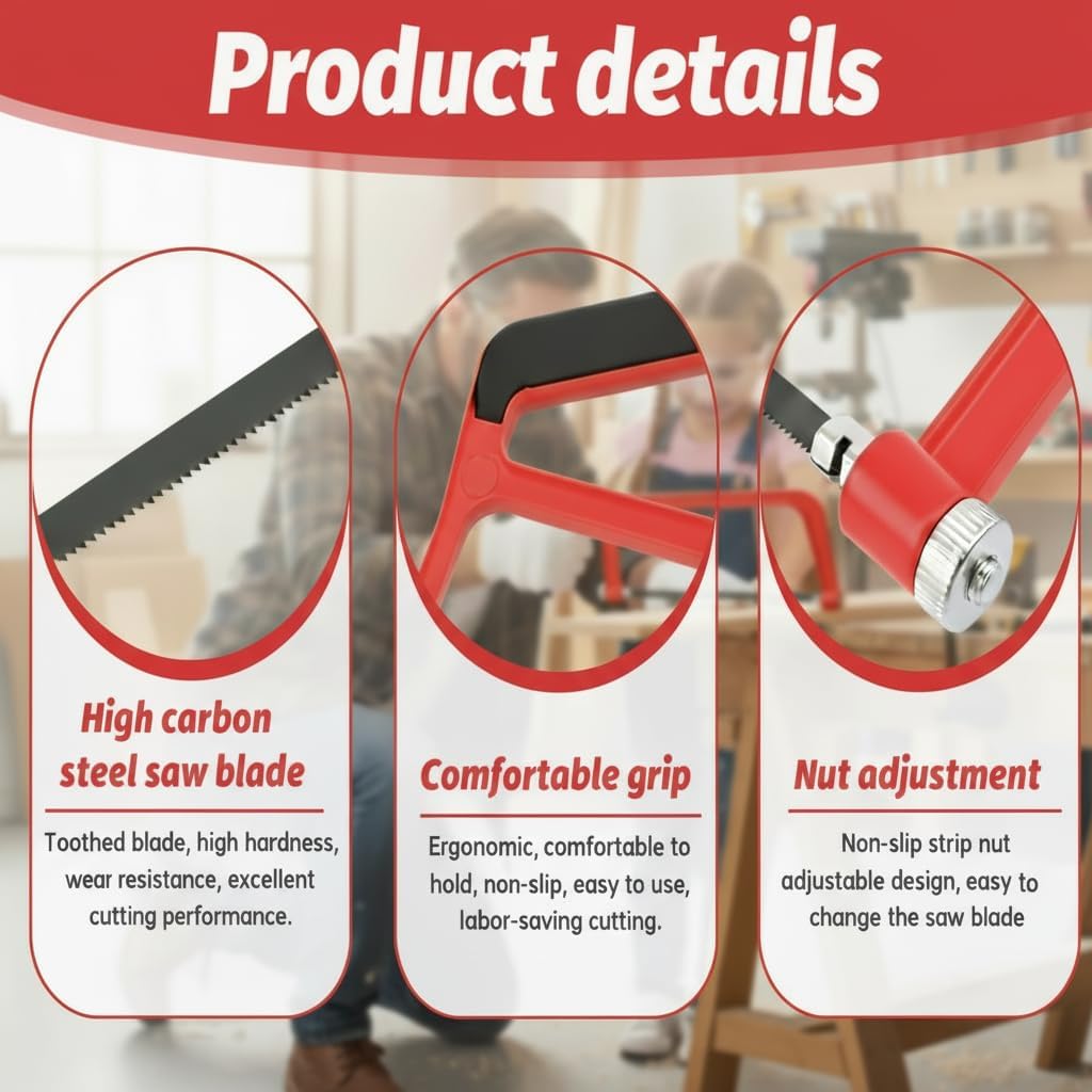 6 Inch Mini Hacksaw and Mitre Block Set, Adjustable Miter Box and Saw Set with 2 Spare Blades, Aluminum Cutting Saw Hack Saws for Woodworking, Hacksaw, Metal Cutting (Red)