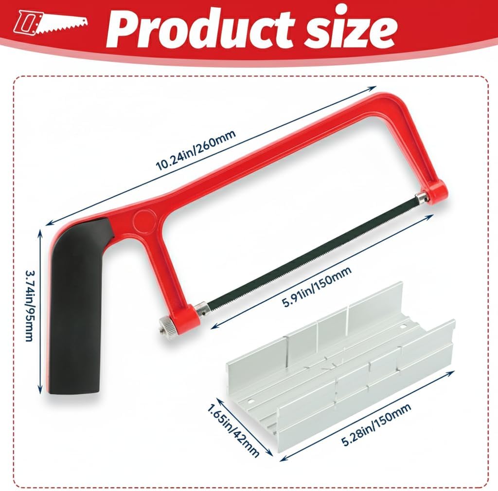 6 Inch Mini Hacksaw and Mitre Block Set, Adjustable Miter Box and Saw Set with 2 Spare Blades, Aluminum Cutting Saw Hack Saws for Woodworking, Hacksaw, Metal Cutting (Red)