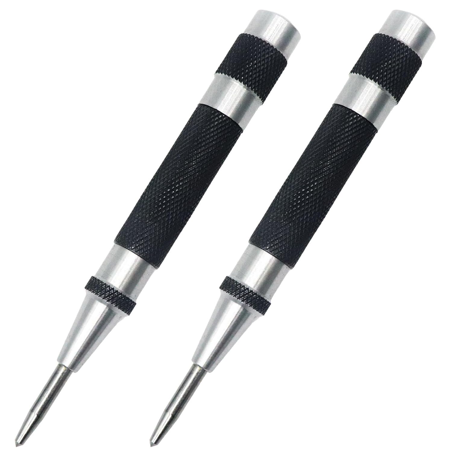 2 Pack Steel Automatic Center Punch with Adjustable Stroke - 5" (125mm) Length Spring Loaded Style, Knurled Steel Handle for Metal Wood Glass Plastic, Metal Marking Tool for Woodworking