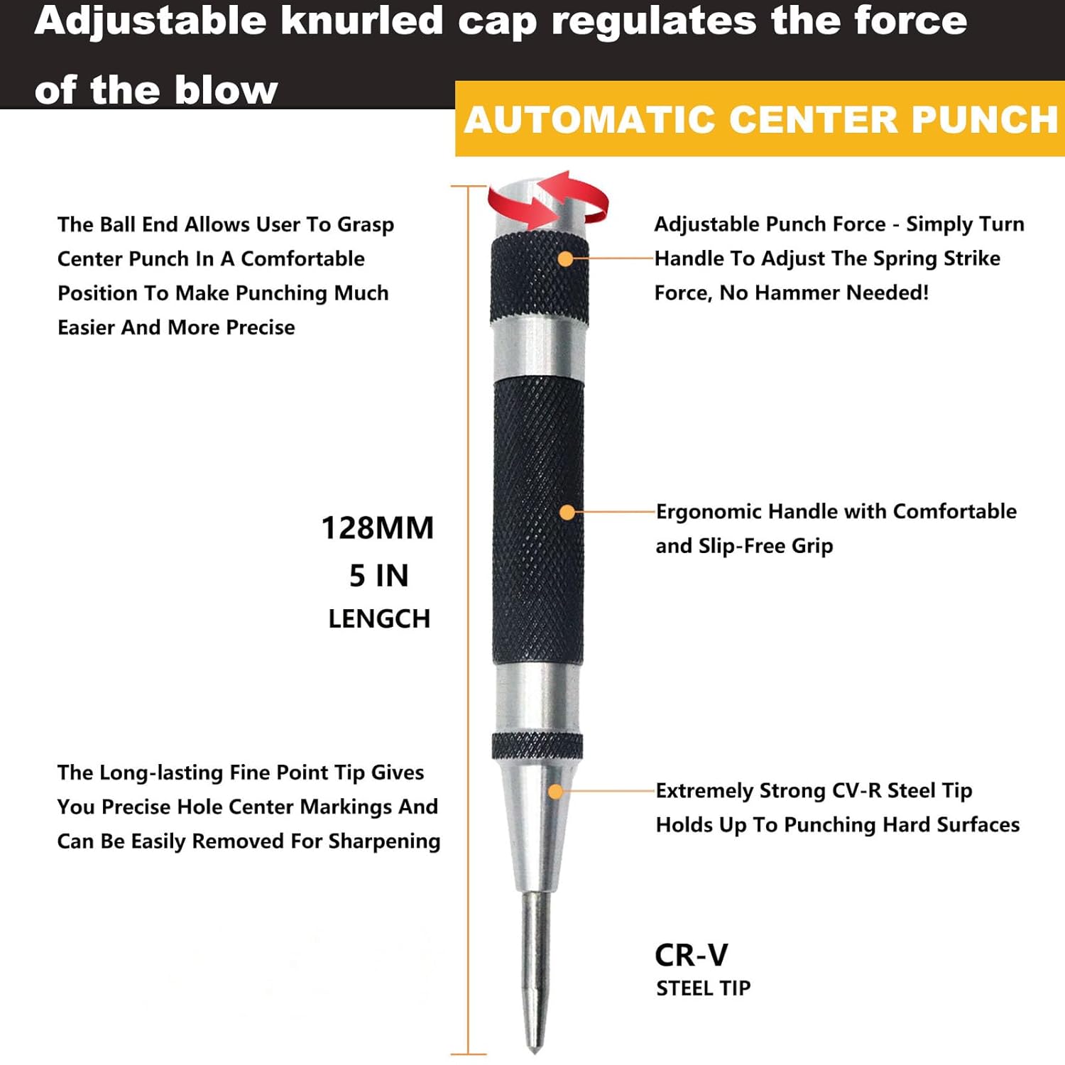 2 Pack Steel Automatic Center Punch with Adjustable Stroke - 5" (125mm) Length Spring Loaded Style, Knurled Steel Handle for Metal Wood Glass Plastic, Metal Marking Tool for Woodworking