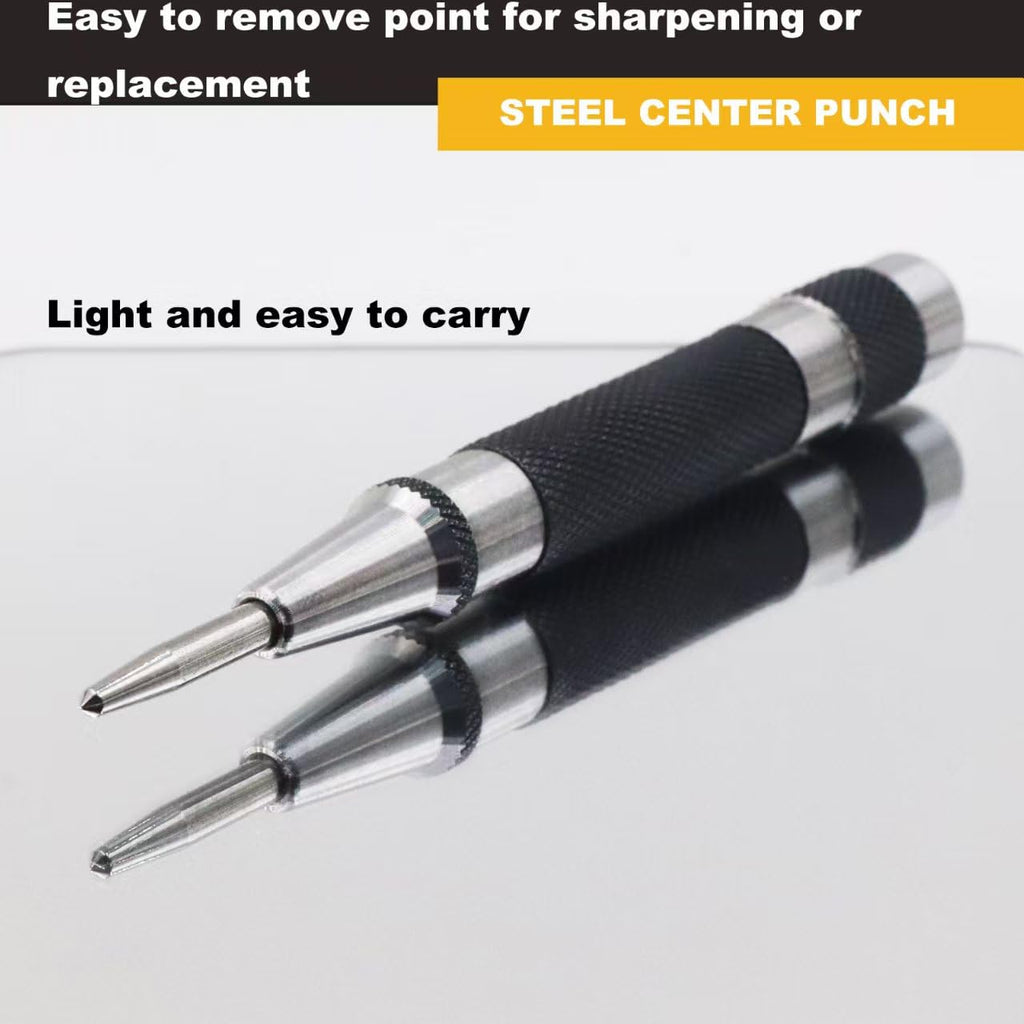 2 Pack Steel Automatic Center Punch with Adjustable Stroke - 5" (125mm) Length Spring Loaded Style, Knurled Steel Handle for Metal Wood Glass Plastic, Metal Marking Tool for Woodworking