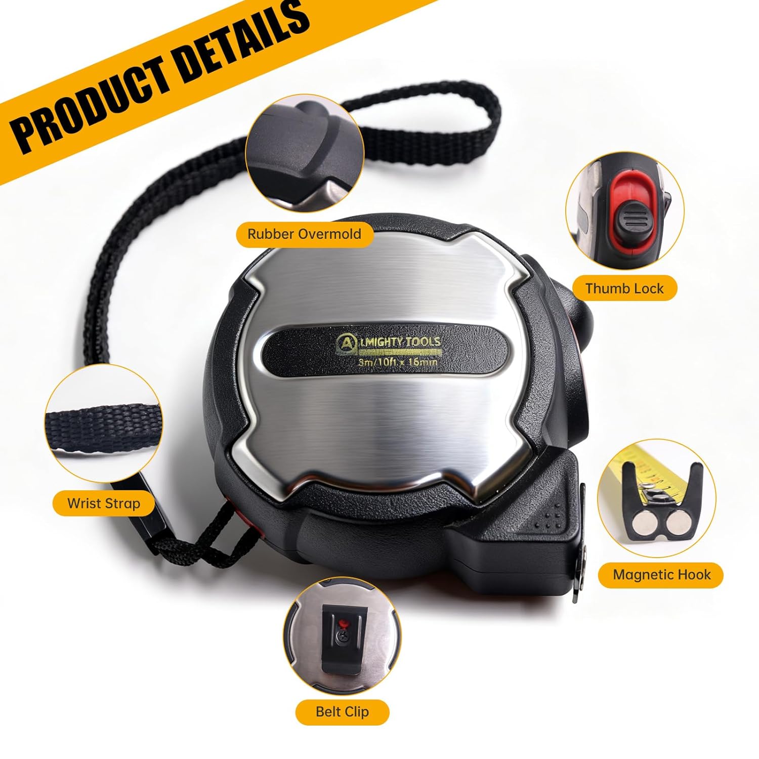 10FT Tape Measure, Small Retractable Measuring Tape, Mini Tape Measure with Metric/Inch, Dual Sided, Magnetic Hooks, Rubber + Stainless Steel Case, for Home, Construction & DIY (10ft)