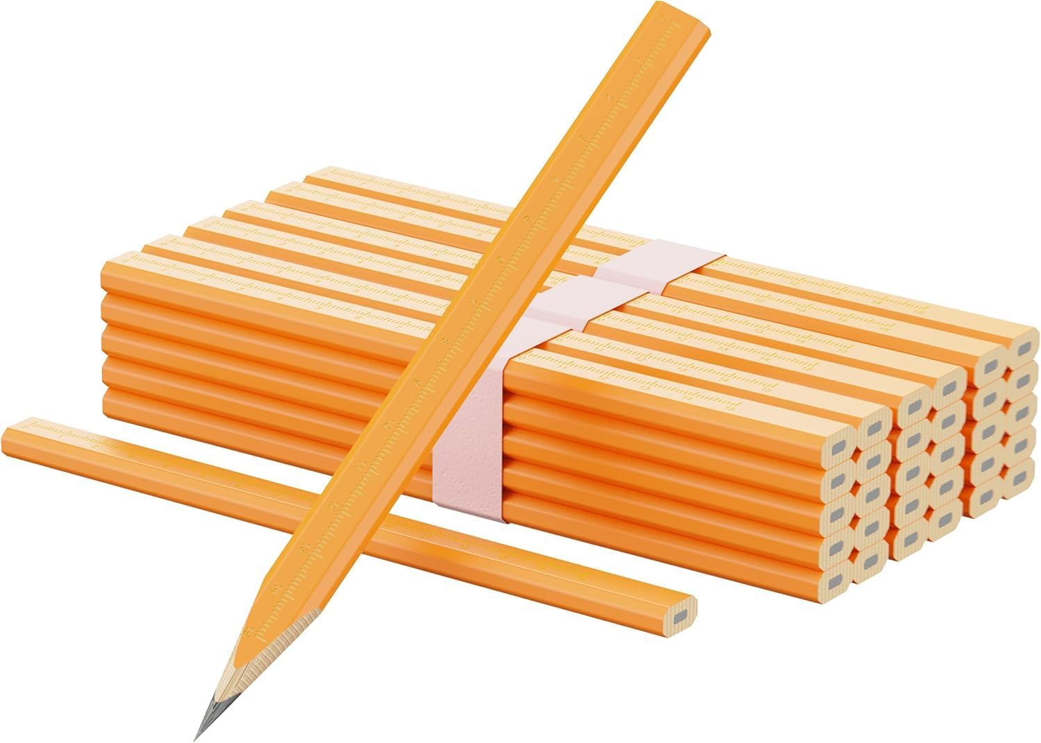 25 Pack Carpenter Pencils with Ruler - Flat Yellow Octagonal Woodworking Pencils for Construction, Marking, Framing - Hard HB Graphite