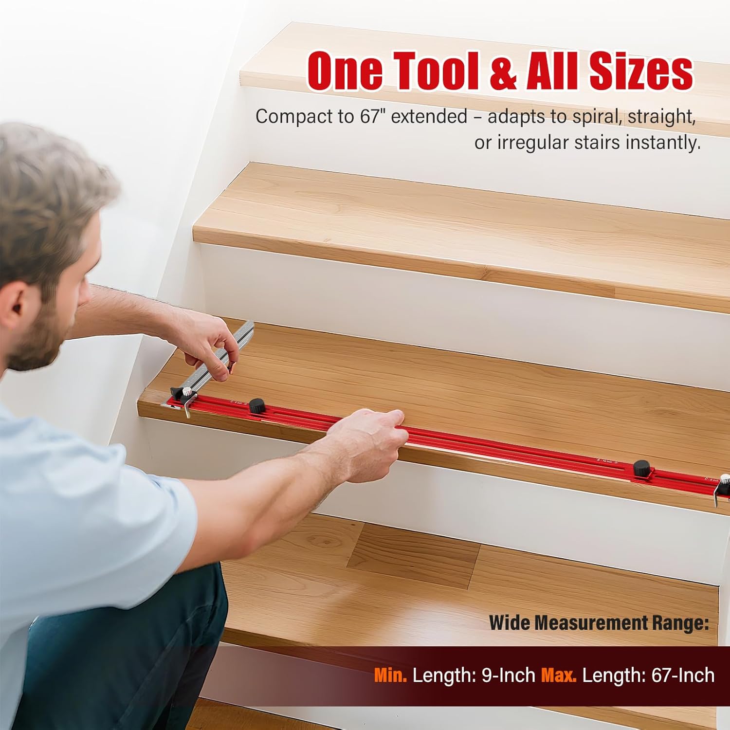 Stair Tread Template Tool, 9-67" Adjustable Length Stair Tread Gauge Measuring Tool jig with Edge-Fixed Knob