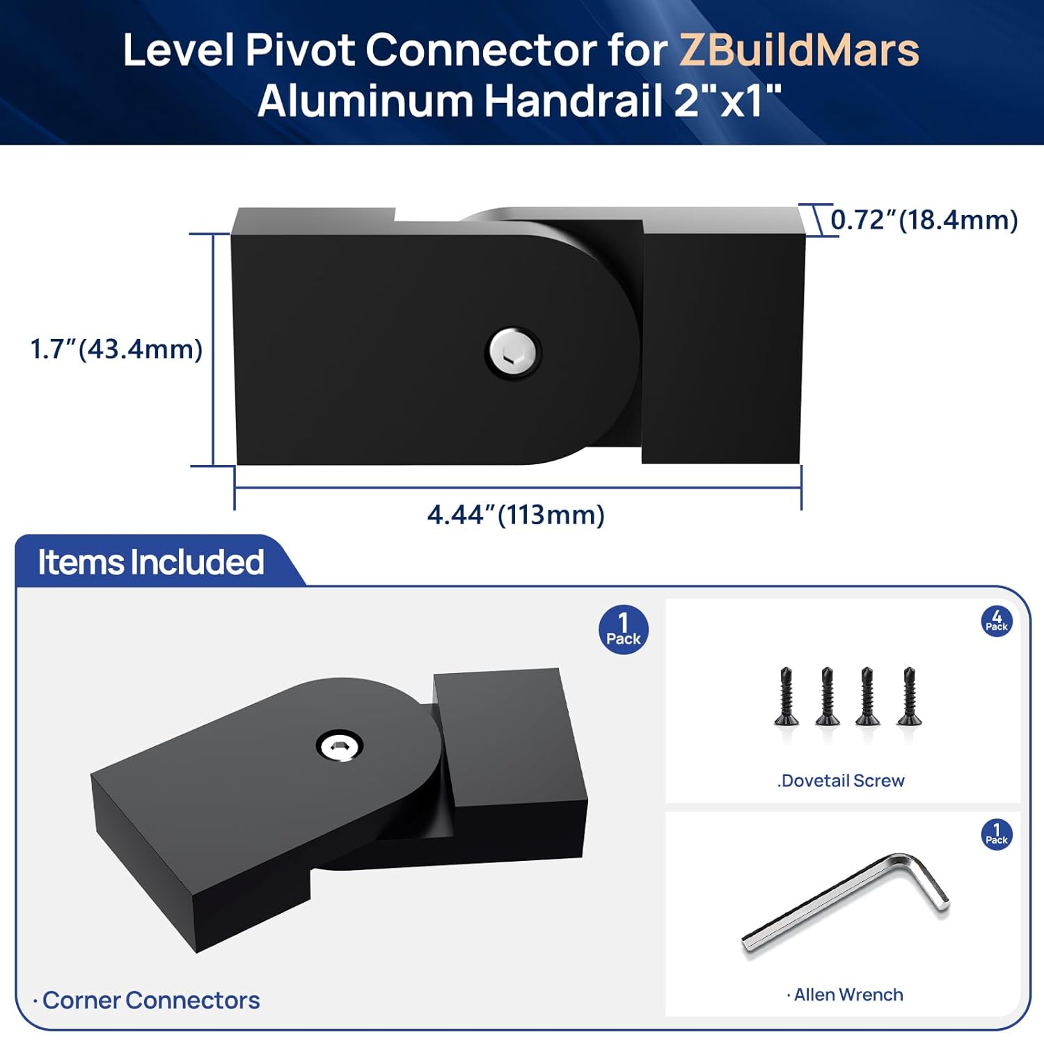 1 Pack Level Pivot Connector for 2"x1" Aluminum Handrail, 113mm x 43.4mm x 18.4mm 180° Adjustable High Strength POM Connector Handrail Accessories Fits for Deck Cable Railing System